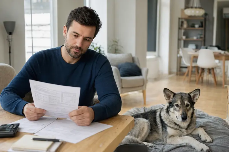 Ein Hundehalter sitzt mit einer Tierarztrechnung am Tisch, während ein entspannter Jakutische-Laika-Hund ruhig auf einer Decke liegt.