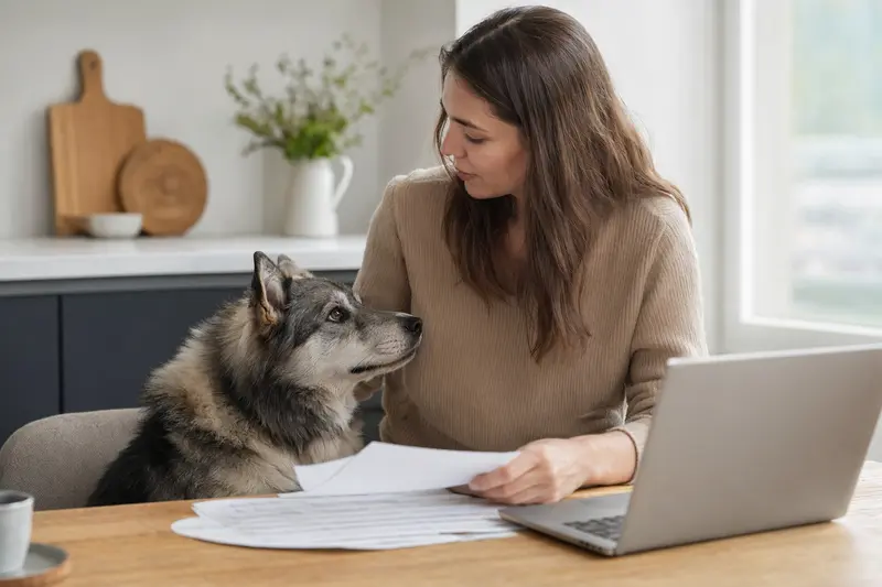 Ein Jakutischer Laika Hund sitzt neben seinem Besitzer am Küchentisch, während Versicherungsunterlagen und ein Laptop mit Vergleichsseite auf dem Tisch liegen.
