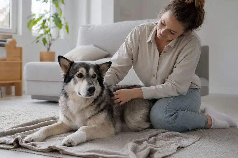 Ein beruhigter Jakutischer Laika mit Verband an der Pfote liegt auf einer Decke, während sein erleichterter Besitzer neben ihm sitzt.
