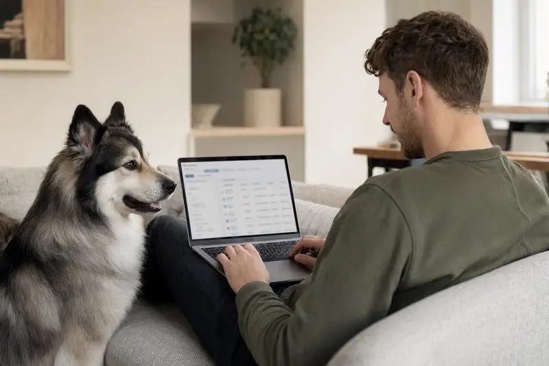 Ein Hundebesitzer arbeitet am Laptop auf dem Sofa, während sein Jakutischer Laika entspannt daneben sitzt und eine Versicherungsvergleichs-Oberfläche auf dem Bildschirm zeigt.