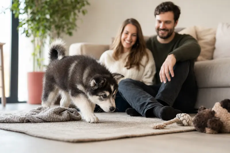 Ein neugieriger Jakutischer Laika Welpe entdeckt liebevoll sein neues Zuhause mit Spielzeug und einer weichen Decke.