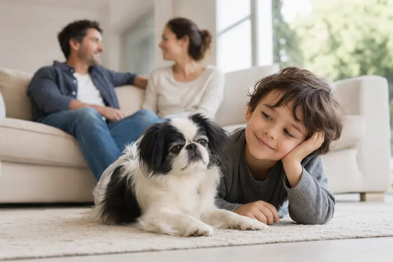 Ein freundlicher Japan-Chin Hund liegt entspannt neben einem Kind im hellen Wohnzimmer, während die Eltern im Hintergrund für eine sichere Familienatmosphäre sorgen.