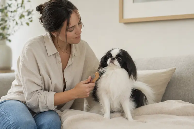 Ein Japan-Chin Hund wird in einer hellen Wohnung liebevoll gebürstet, während der Besitzer die Fellpflege ruhig und aufmerksam übernimmt.