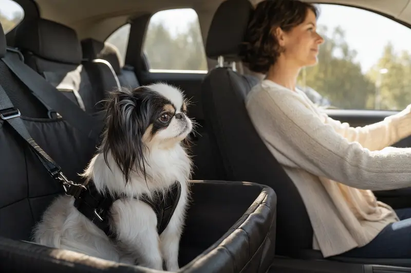 Ein Japan-Chin Hund sitzt sicher angeschnallt auf der Rückbank eines Autos, während sein Besitzer ruhig fährt.
