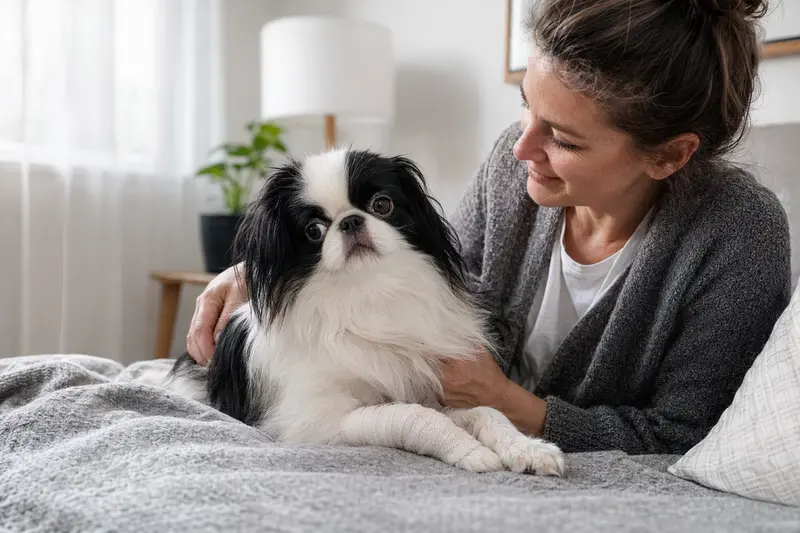 Ein Japan-Chin Hund mit leichtem Verband an der Pfote liegt ruhig auf einer Decke, während sein Besitzer erleichtert neben ihm sitzt.