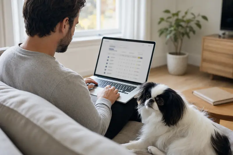 Besitzer mit Laptop auf dem Sofa, neben einem Japan-Chin Hund, der Versicherungsvergleichsseite betrachtet.