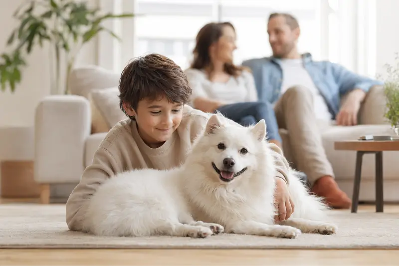 Ein freundlicher Japan Spitz liegt entspannt neben einem Kind im Wohnzimmer, während die Eltern im Hintergrund eine sichere Familienatmosphäre schaffen.
