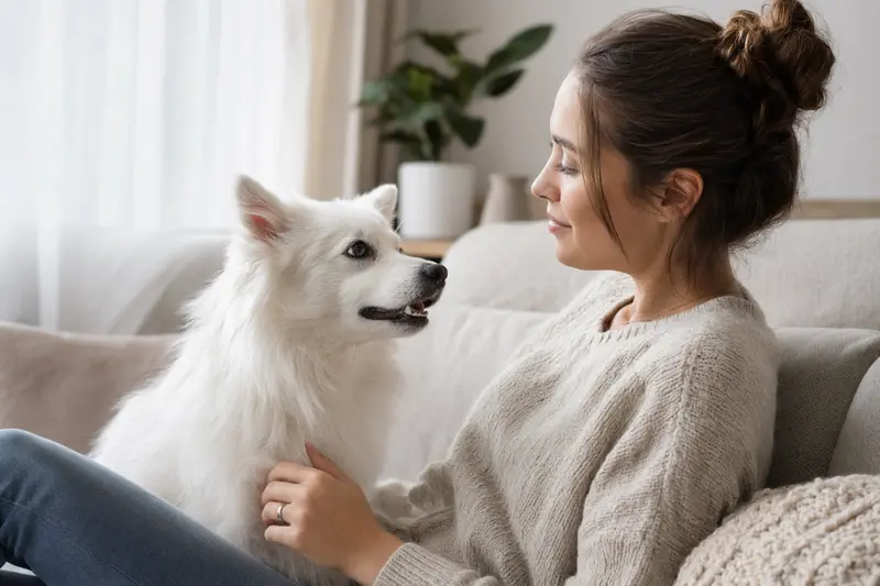 Ein aufmerksamer Japan Spitz steht in natürlicher Haltung vor hellem Hintergrund und wird als realistisches Hundeportrait dargestellt.