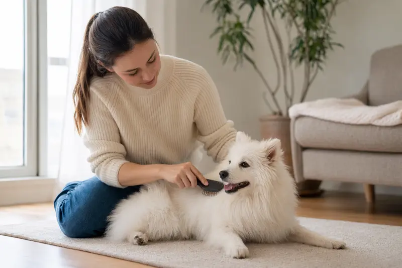 Ein Japan Spitz wird in einer hellen Wohnung sanft gebürstet, während sich der Besitzer liebevoll um die Fellpflege kümmert.