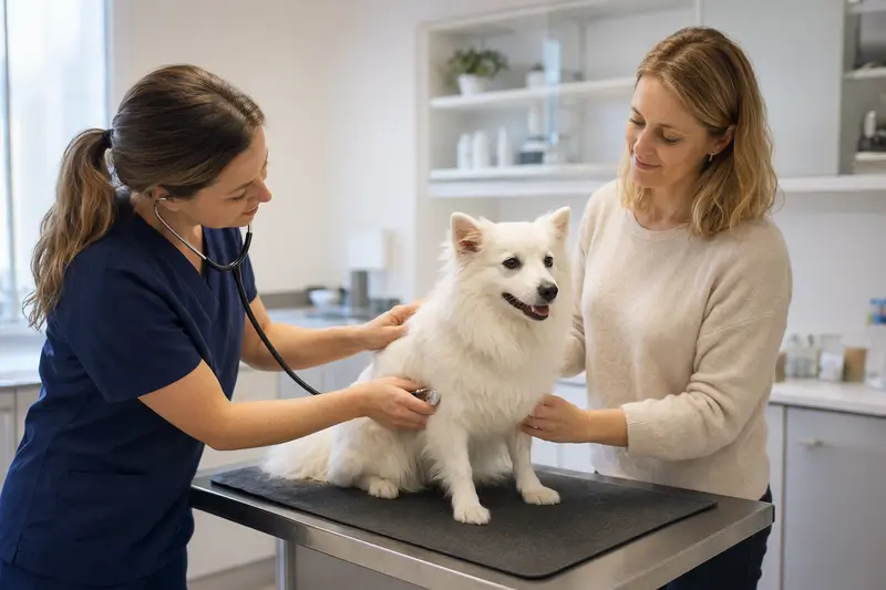 Ein ruhiger Japan Spitz Hund wird von einer freundlichen Tierärztin auf einem Untersuchungstisch in einer modernen Praxis untersucht.
