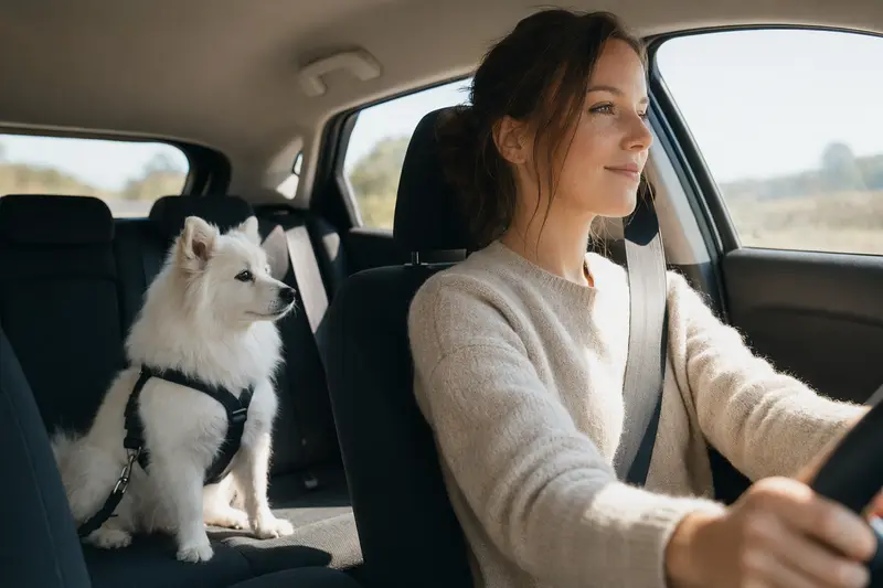 Ein Japan Spitz Hund sitzt sicher angeschnallt auf der Rückbank eines Autos, während sein Besitzer ruhig fährt.