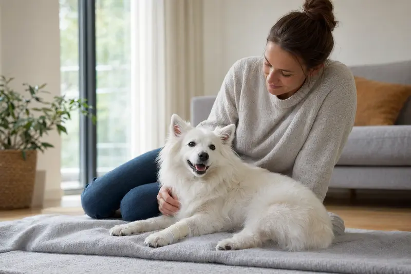 Ein Japan Spitz Hund mit Verband liegt entspannt auf einer Decke, während sein Besitzer beruhigt neben ihm sitzt.