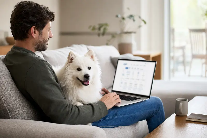 Ein Hundehalter arbeitet am Laptop auf dem Sofa, neben ihm sitzt ein Japan Spitz Hund und bietet einen sicheren Moment der Tiergesundheit.