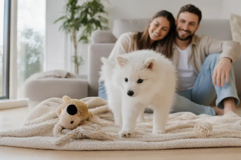Ein neugieriger Japan Spitz Welpe erkundet sein neues Zuhause mit Spielzeug und einer liebevollen Familie im Hintergrund.