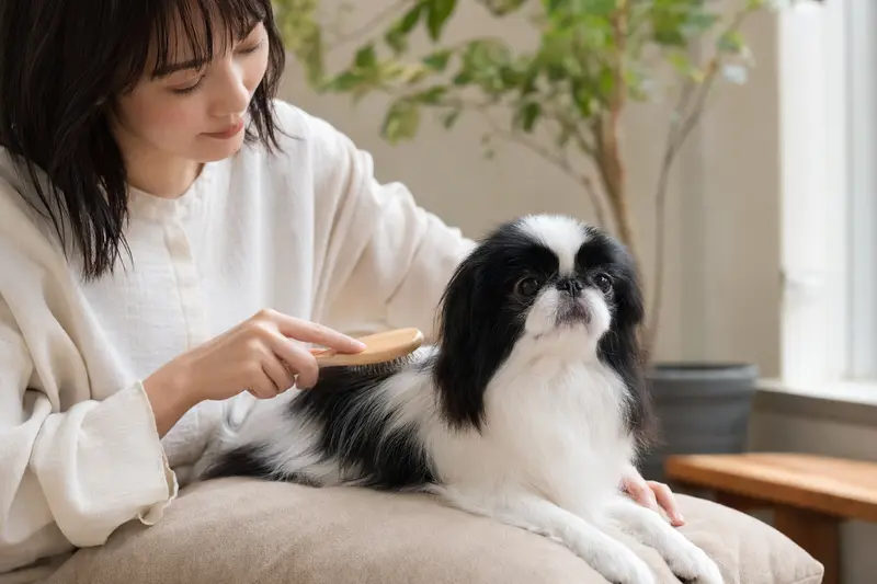 Ein Japaner-Chin Hund wird in einer hellen Wohnung sanft gebürstet, während sich der Besitzer liebevoll um die Fellpflege kümmert.
