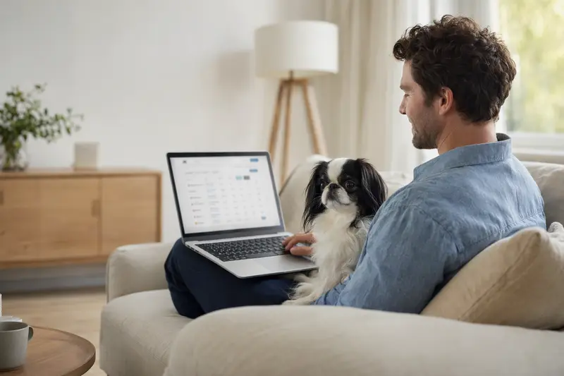 Ein Hundebesitzer arbeitet am Laptop, während ein Japaner-Chin Hund neben ihm auf dem Sofa sitzt, was Sicherheit und einfache Entscheidungen für Tiergesundheit symbolisiert.