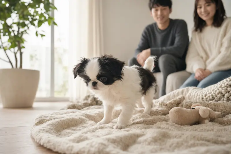 Ein neugieriger Japaner-Chin Welpe entdeckt sein neues Zuhause mit liebevoller Familie im Hintergrund.