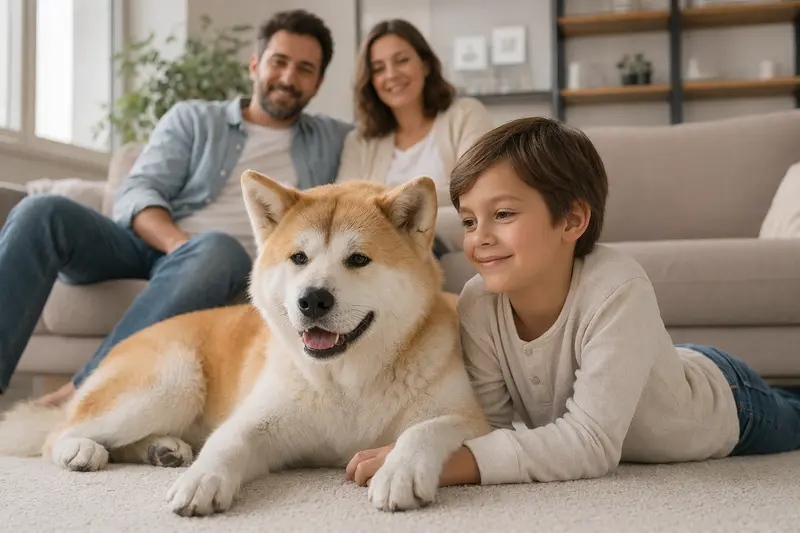 Ein freundlicher Japanischer Akita liegt entspannt neben einem Kind im Wohnzimmer und vermittelt eine sichere, vertrauensvolle Familienatmosphäre.