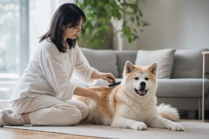 Ein Japanischer Akita wird in einer hellen Wohnung sanft gebürstet, während der Besitzer liebevoll die Fellpflege übernimmt.