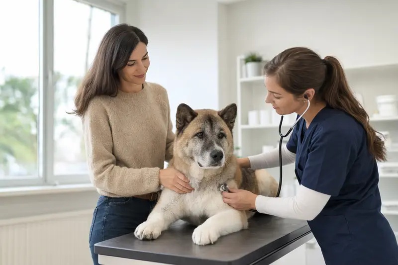 Ruhiger Japanischer Akita Hund auf dem Untersuchungstisch beim Tierarzt, während die Tierärztin ihn mit einem Stethoskop untersucht.
