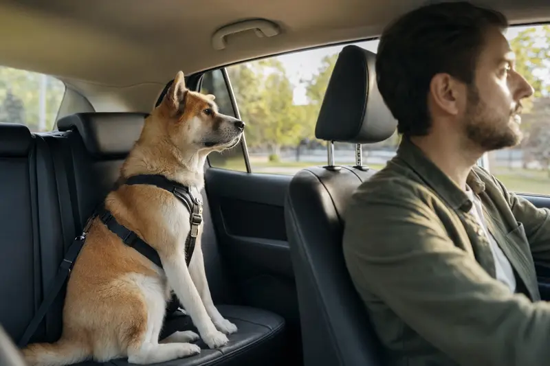 Ein sicher angeschnallter Japanischer Akita auf der Rückbank eines Autos, während die Sonne durch das Fenster scheint.