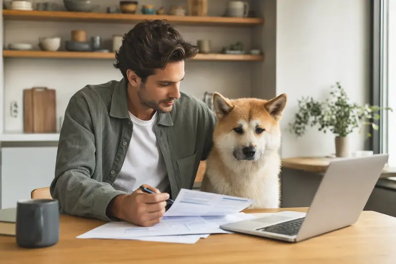 Ein Japanischer Akita sitzt entspannt neben seinem Besitzer am Küchentisch mit Versicherungsunterlagen und einem Laptop.