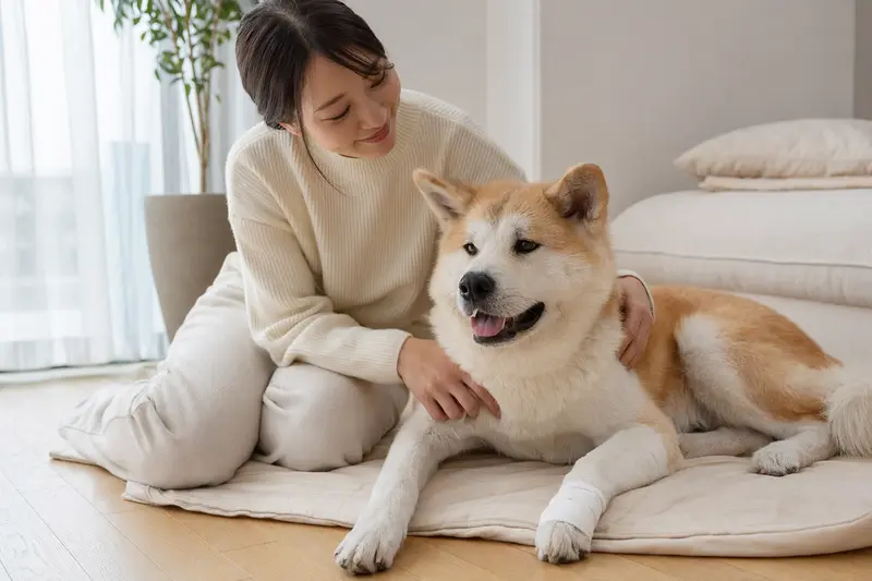 Ein Japanischer Akita Hund mit leichtem Verband an der Pfote liegt entspannt auf einer Decke, während sein Besitzer neben ihm sitzt und erleichtert wirkt.
