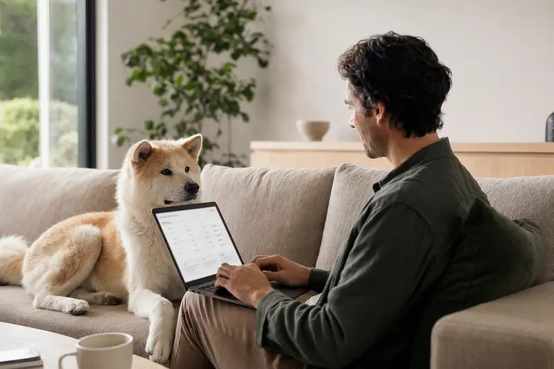 Ein Hundebesitzer sitzt mit einem Japanischen Akita und einem Laptop auf dem Sofa und vergleicht Tierversicherungen.
