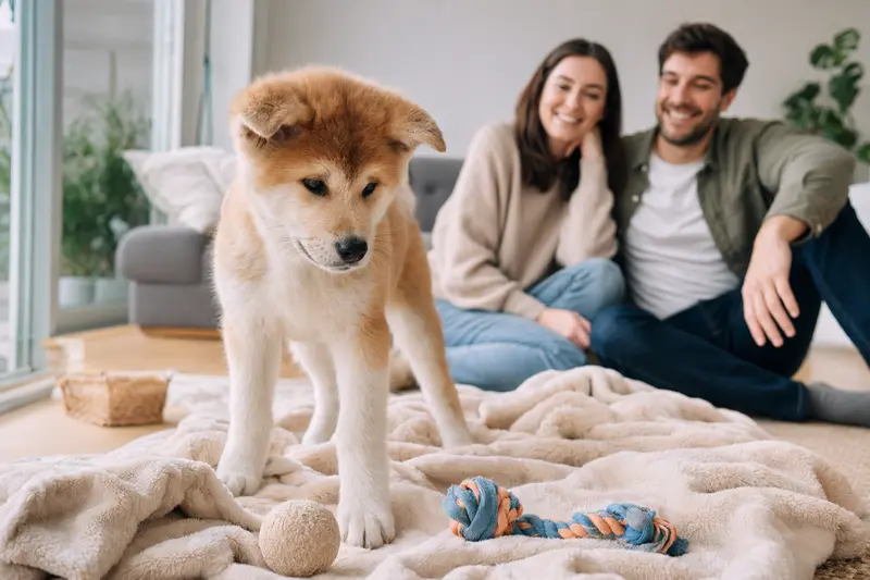 Ein junger Japanischer Akita Welpe erkundet neugierig das liebevoll gestaltete Wohnzimmer seiner Familie.