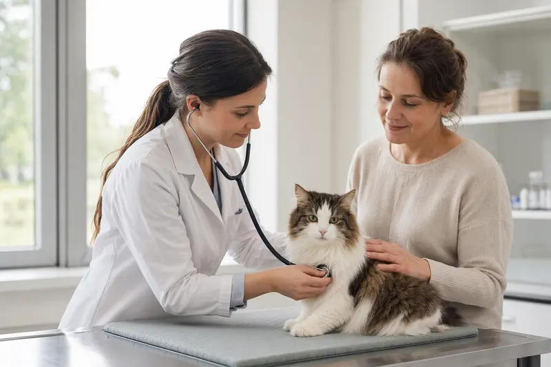 Eine Japanischer Bobtail Langhaar Katze wird von einer Tierärztin auf einem Untersuchungstisch behutsam mit einem Stethoskop untersucht.