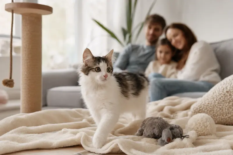 Ein neugieriges Japanischer Bobtail Langhaar Kitten entdeckt sein neues Zuhause mit einer weichen Decke und Spielzeug.