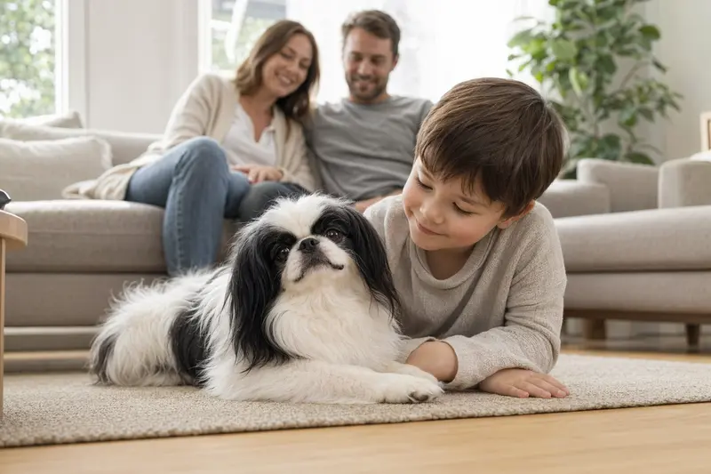 Ein freundlicher Japanischer Chin Hund liegt entspannt neben einem Kind im Wohnzimmer und vermittelt eine warme Familienatmosphäre.