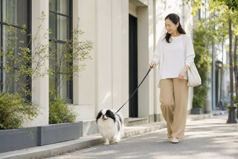 Ein Japanischer Chin läuft an der Leine mit seinem Besitzer durch eine freundliche moderne Stadtstraße.