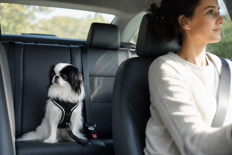 Ein Japanischer Chin Hund sitzt sicher angeschnallt auf der Rückbank eines Autos, während der Besitzer fährt.