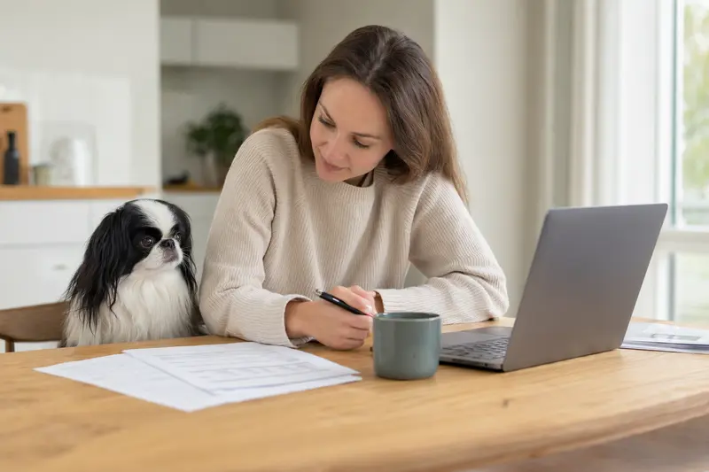 Ein Japanischer Chin Hund sitzt neben seinem Besitzer am Küchentisch, während Versicherungsunterlagen und ein Laptop auf dem Tisch liegen.