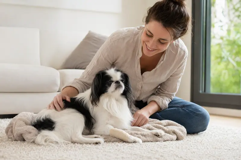 Ein Japanischer Chin Hund mit leichtem Verband an der Pfote liegt entspannt auf einer Decke neben seinem erleichterten Besitzer in einer hellen Wohnung.