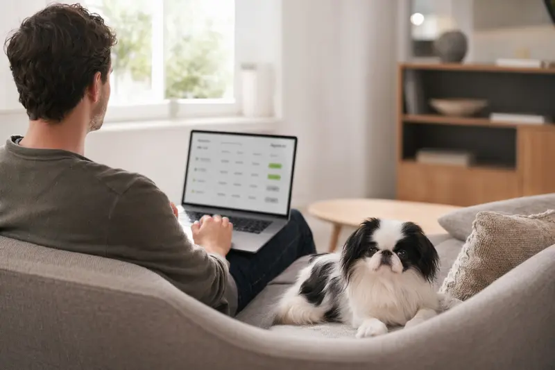 Ein Besitzer sitzt auf dem Sofa mit einem Japanischen Chin Hund und arbeitet am Laptop für den Versicherungsvergleich.