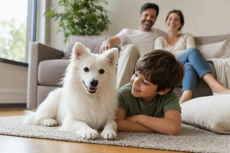 Ein freundlicher Japanischer Spitz liegt entspannt neben einem Kind im Wohnzimmer, während die Eltern im Hintergrund eine sichere Familienatmosphäre schaffen.
