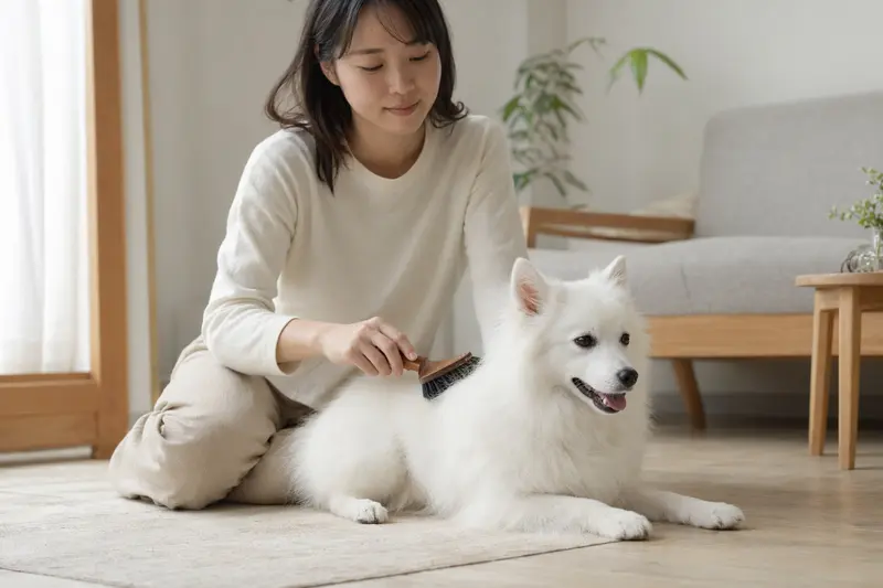Ein Japanischer Spitz wird zuhause sanft gebürstet, während der Besitzer liebevoll die Fellpflege übernimmt.