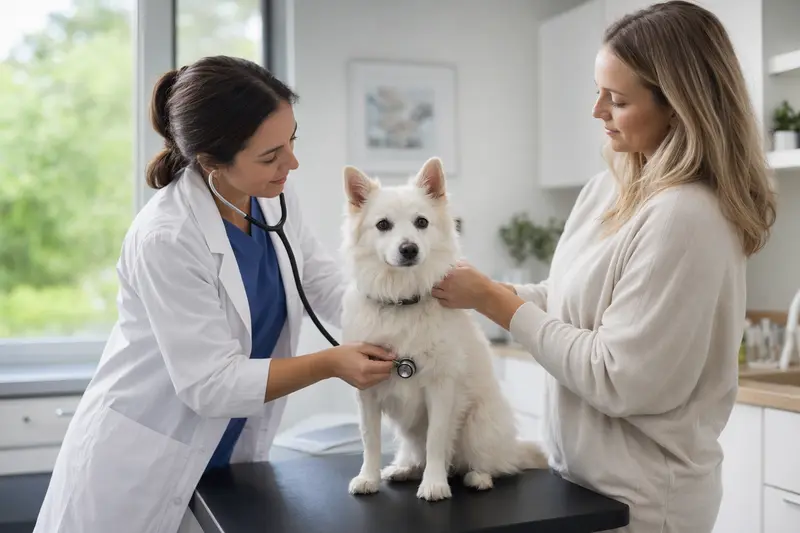 Ein Japanischer Spitz Hund wird von einer Tierärztin mit einem Stethoskop in einer modernen Tierarztpraxis untersucht.