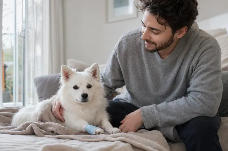 Ein Japanischer Spitz mit Verband an der Pfote liegt entspannt neben seinem erleichterten Besitzer in einer hellen Wohnung.