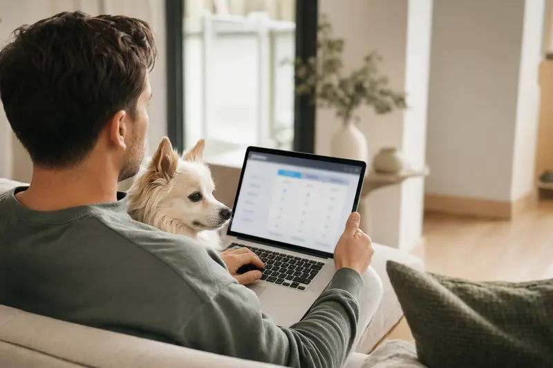 Besitzer mit Laptop auf dem Sofa neben einem Japanischen Spitz, der die sichere Entscheidung für eine Tierkrankenversicherung unterstützt.