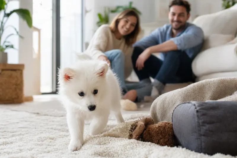 Ein neugieriger Japanischer Spitz Welpe entdeckt sein neues Zuhause mit Spielzeug und einer liebevollen Familie im Hintergrund.