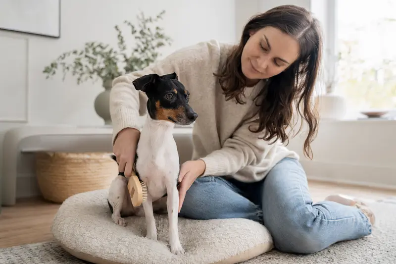 Ein Japanischer Terrier wird in einer hellen Wohnung sanft gebürstet, während sein Besitzer die Fellpflege liebevoll übernimmt.