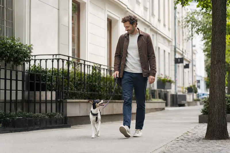 Ein Japanischer Terrier läuft an der Leine mit seinem Besitzer durch eine freundliche moderne Stadtstraße.