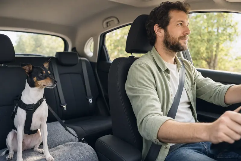 Ein Japanischer Terrier sitzt sicher angeschnallt auf der Rückbank eines Autos und vermittelt verantwortungsvolle Hundehaltung.