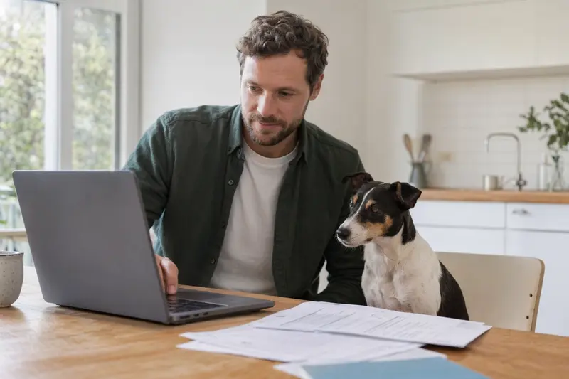 Japanischer Terrier sitzt ruhig neben seinem Besitzer am Küchentisch mit Versicherungsunterlagen und Laptop zur Hundekrankenversicherung.