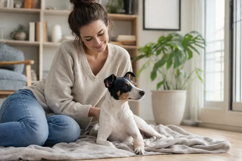 Japanischer Terrier mit leicht bandagierter Pfote liegt ruhig auf einer Decke neben seinem erleichterten Besitzer.