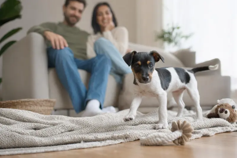 Ein junger Japanischer Terrier Welpe erkundet neugierig sein neues Zuhause auf einer weichen Decke mit Spielzeug in einer hellen Wohnung.