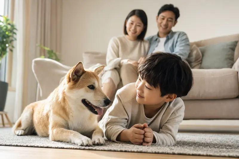 Ein entspannter Jindo Hund liegt neben einem Kind im hellen Wohnzimmer, während die Eltern im Hintergrund eine sichere Familienatmosphäre schaffen.